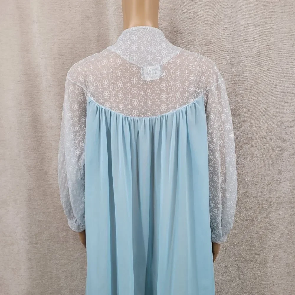 Tula Vintage 60s Light Blue Floral Embroidered Mesh Illusion Peignor Robe
